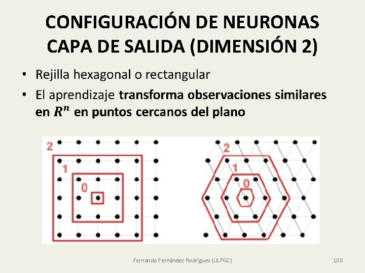 CONFIGURACIÓN DE NEURONAS CAPA DE SALIDA (DIMENSIÓN 2) • Fernando Fernández Rodríguez (ULPGC) 108 CONFIGURACIÓN DE NEURONAS CAPA DE SALIDA (DIMENSIÓN 2) • Fernando Fernández Rodríguez (ULPGC) 108