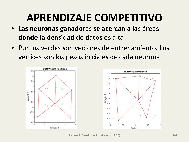 APRENDIZAJE COMPETITIVO • Las neuronas ganadoras se acercan a las áreas donde la densidad