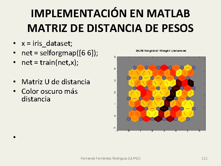 IMPLEMENTACIÓN EN MATLAB MATRIZ DE DISTANCIA DE PESOS • x = iris_dataset; • net