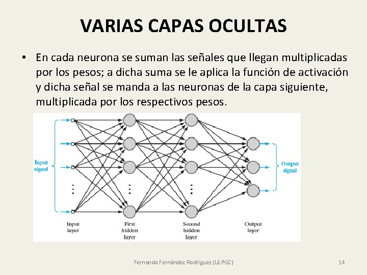 VARIAS CAPAS OCULTAS • En cada neurona se suman las señales que llegan multiplicadas