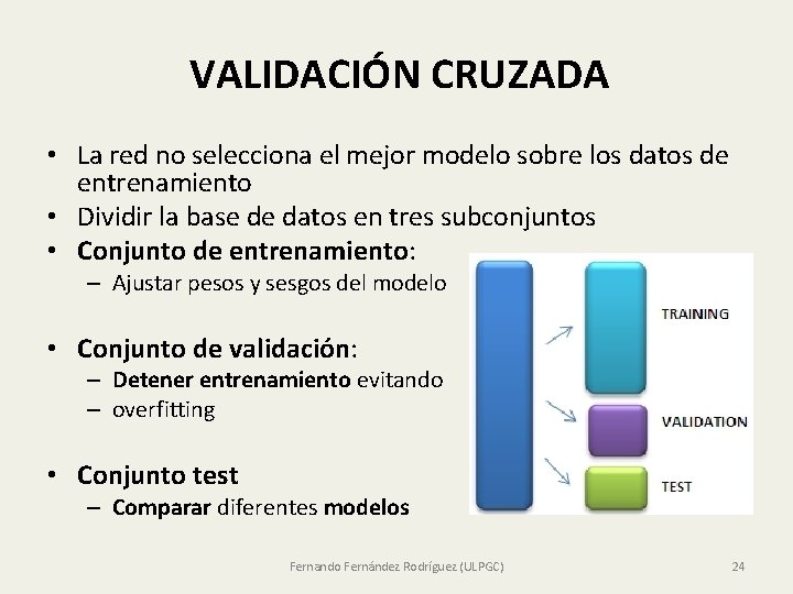 VALIDACIÓN CRUZADA • La red no selecciona el mejor modelo sobre los datos de VALIDACIÓN CRUZADA • La red no selecciona el mejor modelo sobre los datos de