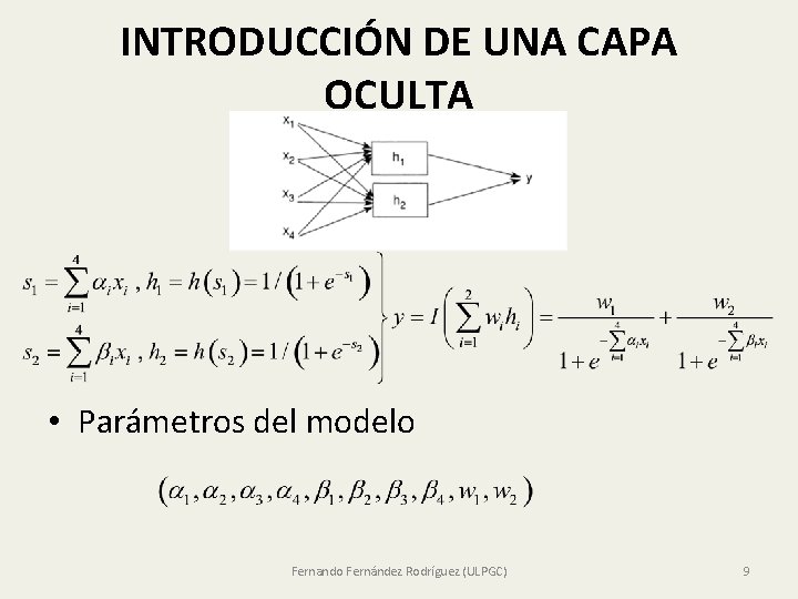 INTRODUCCIÓN DE UNA CAPA OCULTA • Parámetros del modelo Fernando Fernández Rodríguez (ULPGC) 9