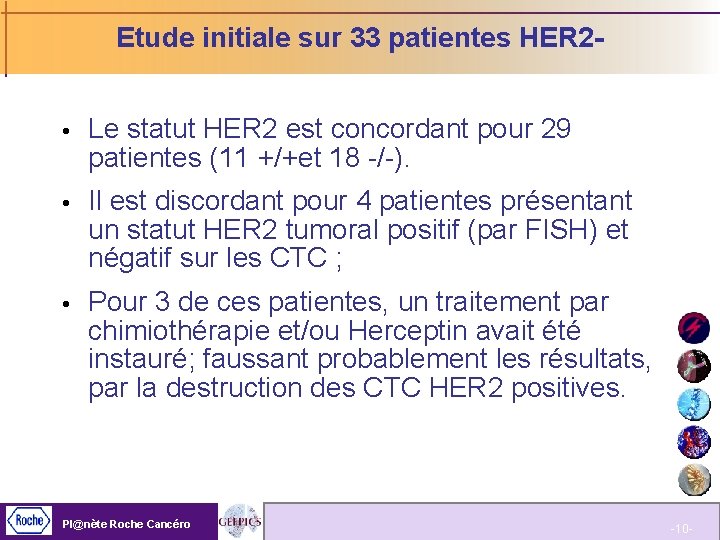 Etude initiale sur 33 patientes HER 2 Le statut HER 2 est concordant pour