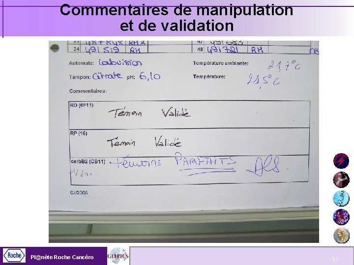 Commentaires de manipulation et de validation Pl@nète Roche Cancéro -91 - 