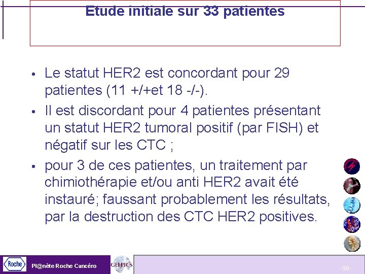 Etude initiale sur 33 patientes Le statut HER 2 est concordant pour 29 patientes