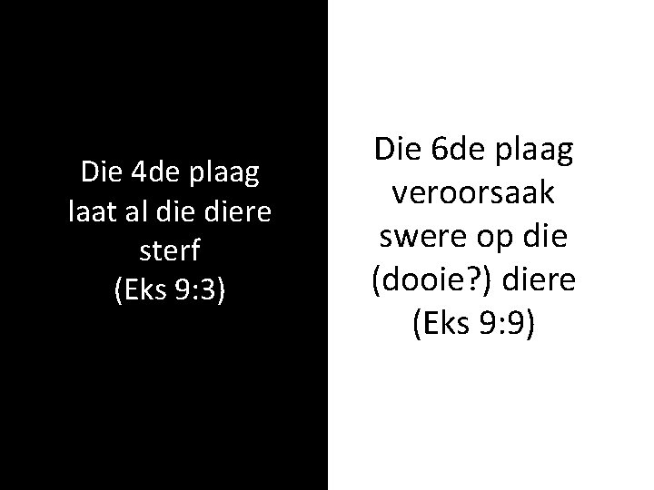 Die 4 de plaag laat al diere sterf (Eks 9: 3) Die 6 de