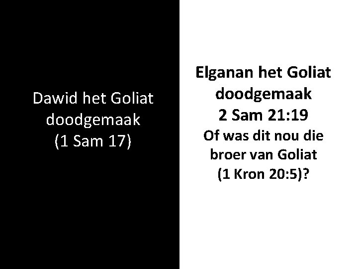 Dawid het Goliat doodgemaak (1 Sam 17) Elganan het Goliat doodgemaak 2 Sam 21: