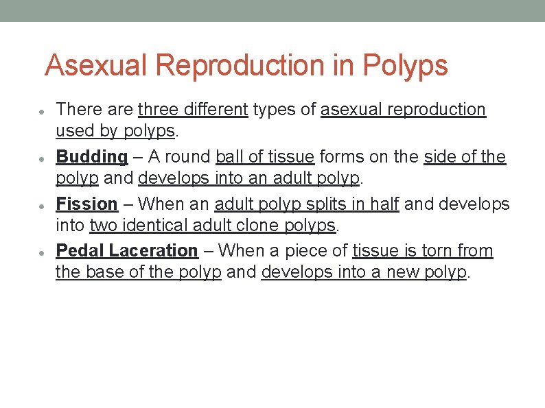 Asexual Reproduction in Polyps There are three different types of asexual reproduction used by