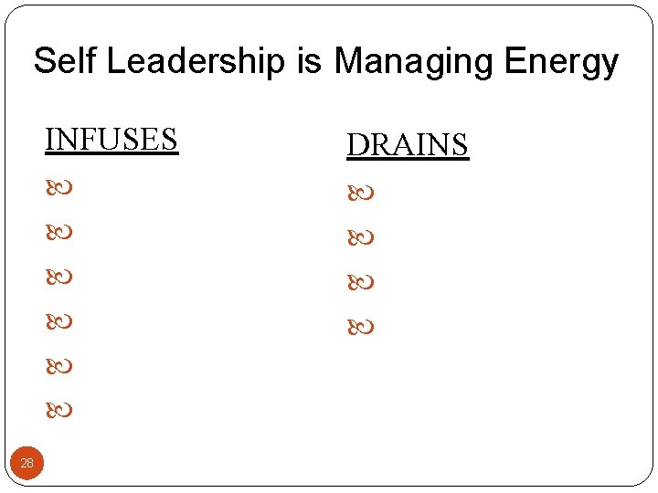 Self Leadership is Managing Energy INFUSES 28 DRAINS Self Leadership is Managing Energy INFUSES 28 DRAINS