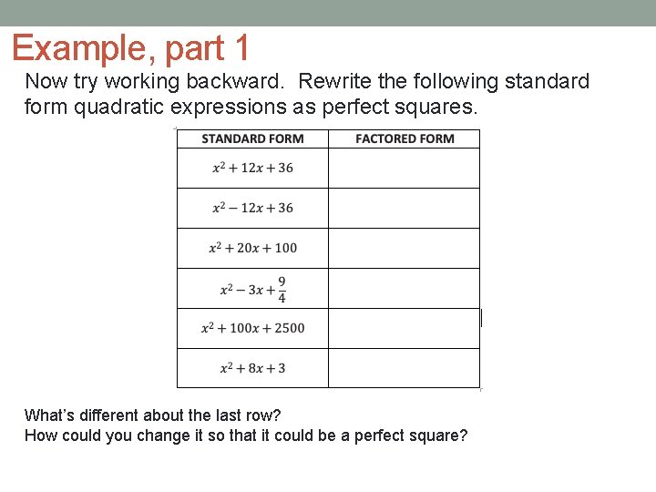 Example, part 1 Now try working backward. Rewrite the following standard form quadratic expressions