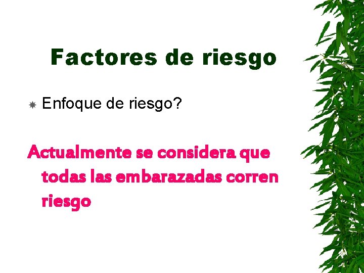 Factores de riesgo Enfoque de riesgo? Actualmente se considera que todas las embarazadas corren