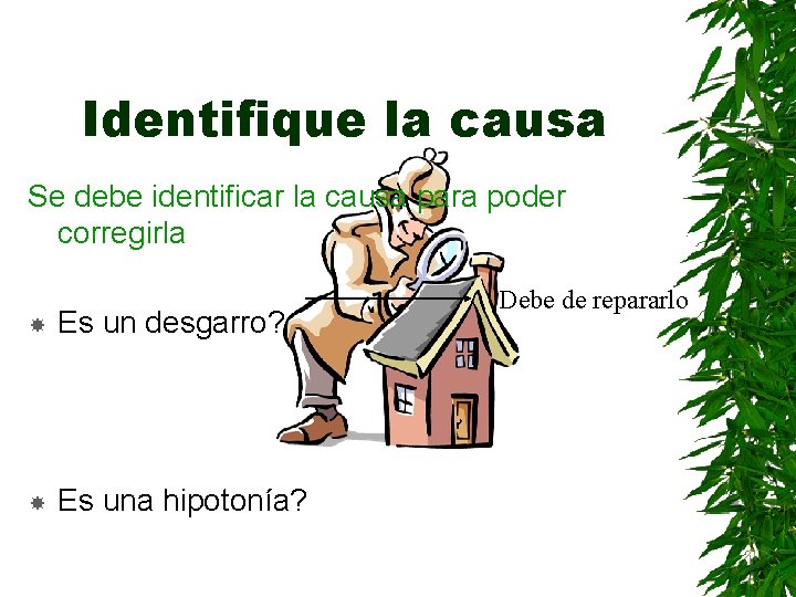 Identifique la causa Se debe identificar la causa para poder corregirla Es un desgarro?