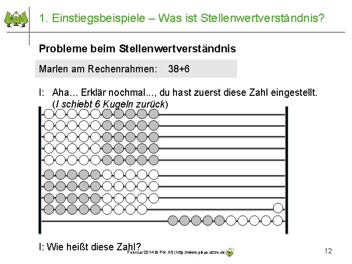 1. Einstiegsbeispiele – Was ist Stellenwertverständnis? Probleme beim Stellenwertverständnis Marlen am Rechenrahmen: 38+6 I: