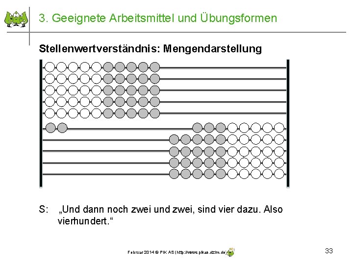 3. Geeignete Arbeitsmittel und Übungsformen Stellenwertverständnis: Mengendarstellung S: „Und dann noch zwei und zwei,