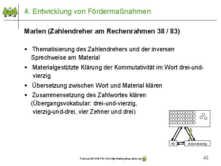 4. Entwicklung von Fördermaßnahmen Marlen (Zahlendreher am Rechenrahmen 38 / 83) § Thematisierung des