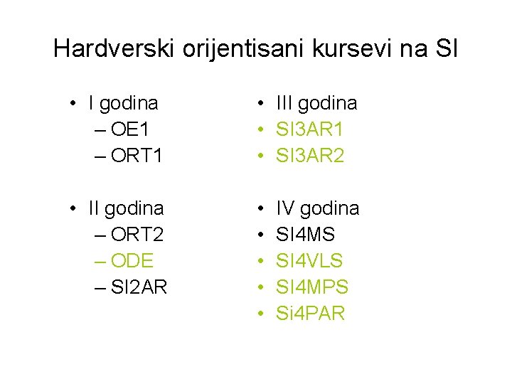Hardverski orijentisani kursevi na SI • I godina – OE 1 – ORT 1