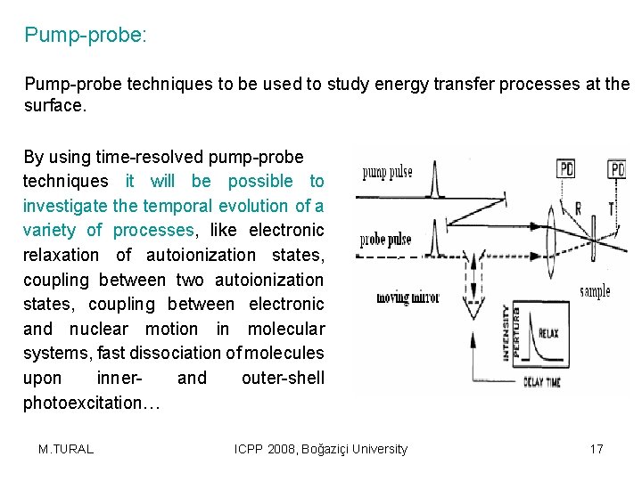 Pump-probe: Pump-probe techniques to be used to study energy transfer processes at the surface.