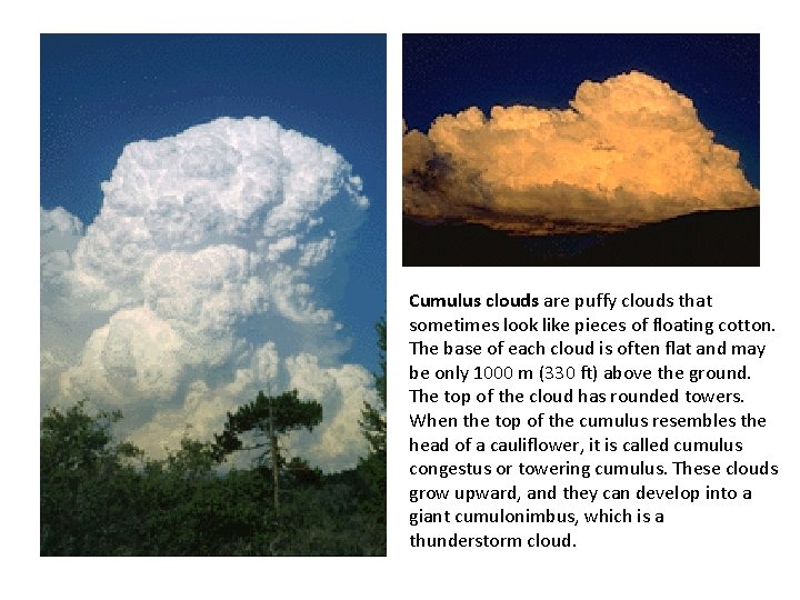 Cumulus clouds are puffy clouds that sometimes look like pieces of floating cotton. The