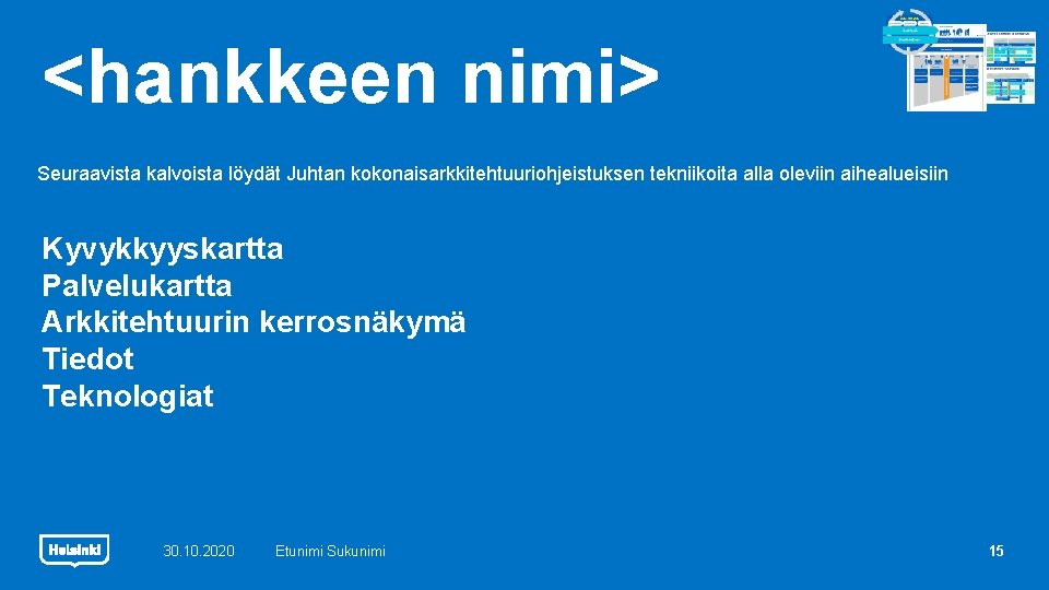 <hankkeen nimi> Seuraavista kalvoista löydät Juhtan kokonaisarkkitehtuuriohjeistuksen tekniikoita alla oleviin aihealueisiin Kyvykkyyskartta Palvelukartta Arkkitehtuurin