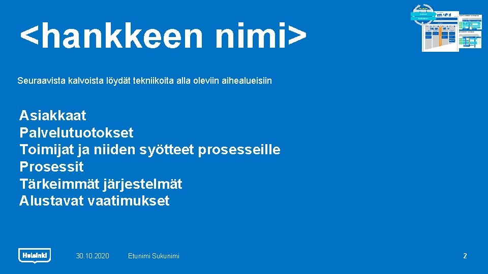 <hankkeen nimi> Seuraavista kalvoista löydät tekniikoita alla oleviin aihealueisiin Asiakkaat Palvelutuotokset Toimijat ja niiden