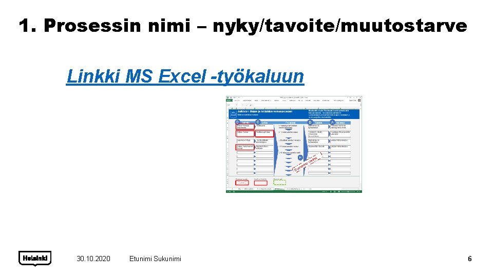 1. Prosessin nimi – nyky/tavoite/muutostarve Linkki MS Excel -työkaluun 30. 10. 2020 Etunimi Sukunimi