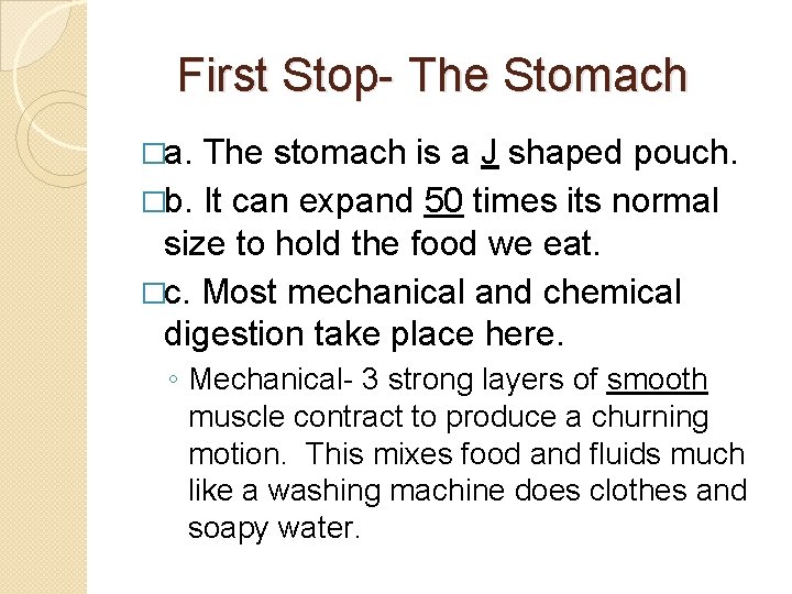 First Stop- The Stomach �a. The stomach is a J shaped pouch. �b. It