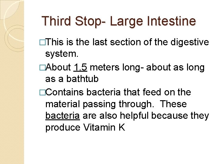 Third Stop- Large Intestine �This is the last section of the digestive system. �About