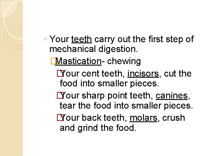 ◦ Your teeth carry out the first step of mechanical digestion. �Mastication- chewing �