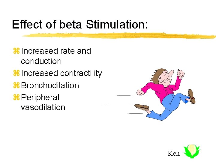 Effect of beta Stimulation: z Increased rate and conduction z Increased contractility z Bronchodilation