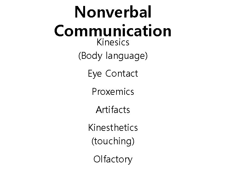 Nonverbal Communication Kinesics (Body language) Eye Contact Proxemics Artifacts Kinesthetics (touching) Olfactory 