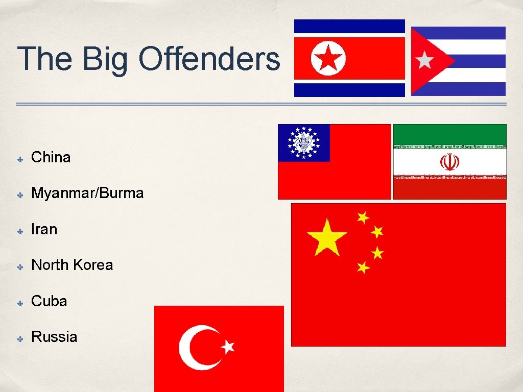 The Big Offenders ✤ China ✤ Myanmar/Burma ✤ Iran ✤ North Korea ✤ Cuba