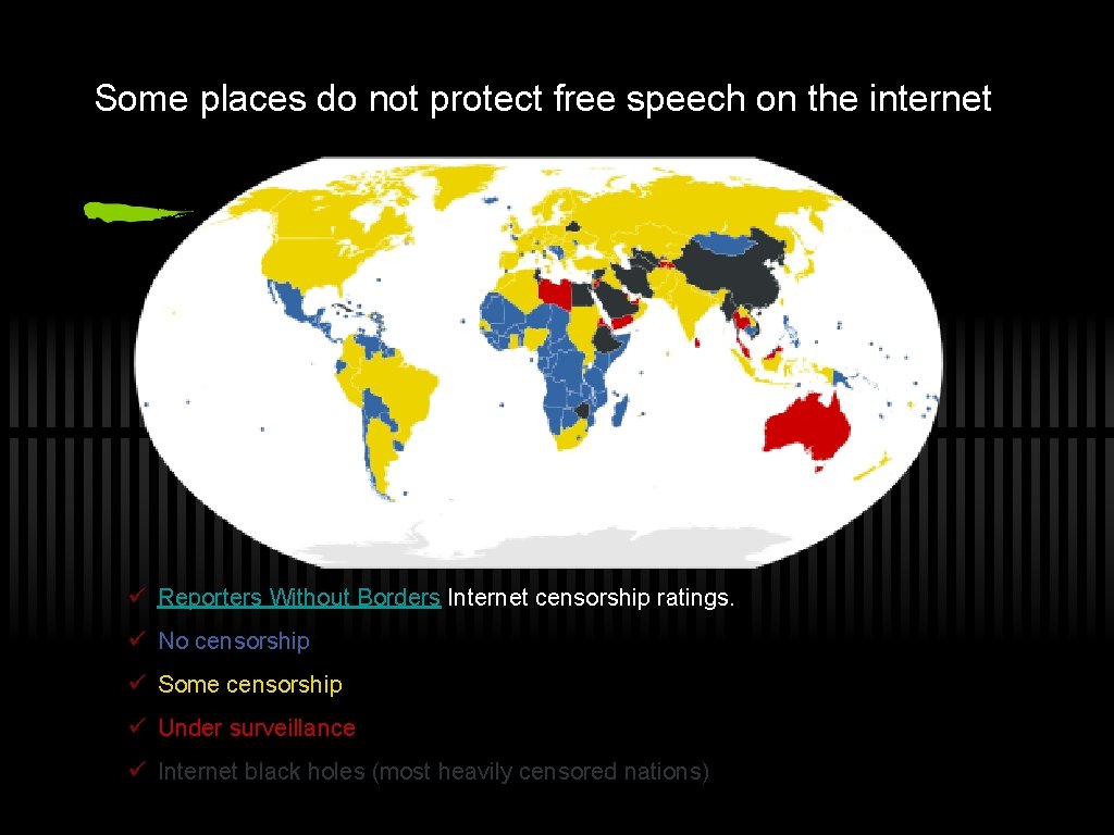 Some places do not protect free speech on the internet ü Reporters Without Borders
