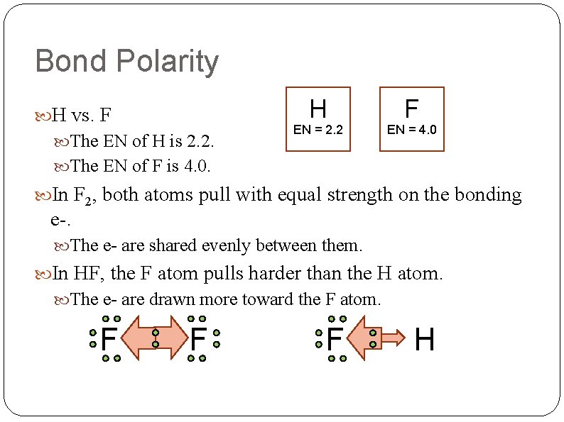 Bond Polarity H vs. F The EN of H is 2. 2. The EN
