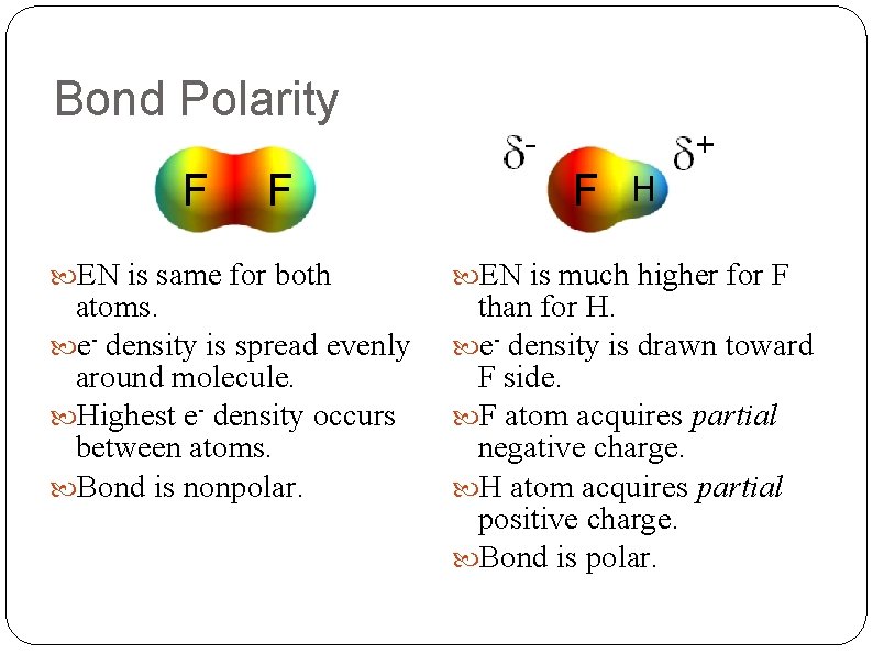 Bond Polarity F F EN is same for both atoms. e- density is spread