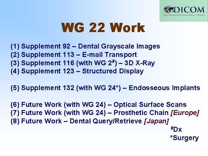 WG 22 Work (1) Supplement 92 – Dental Grayscale Images (2) Supplement 113 – WG 22 Work (1) Supplement 92 – Dental Grayscale Images (2) Supplement 113 –