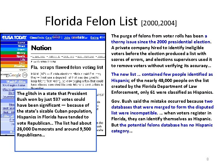 Florida Felon List [2000, 2004] The purge of felons from voter rolls has been