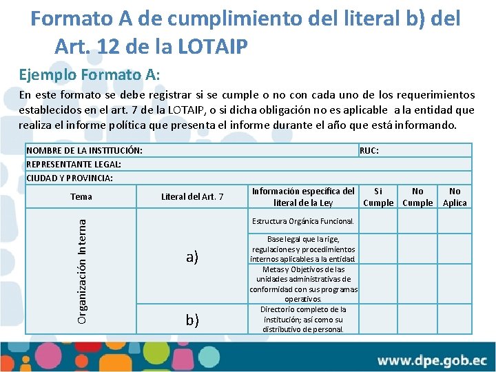 Formato A de cumplimiento del literal b) del Art. 12 de la LOTAIP Ejemplo