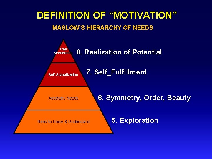 DEFINITION OF “MOTIVATION” MASLOW’S HIERARCHY OF NEEDS Tran scendence 8. Realization of Potential 7.