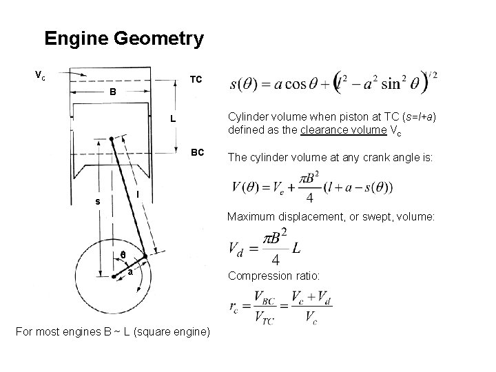 Engine Geometry VC TC B Cylinder volume when piston at TC (s=l+a) defined as