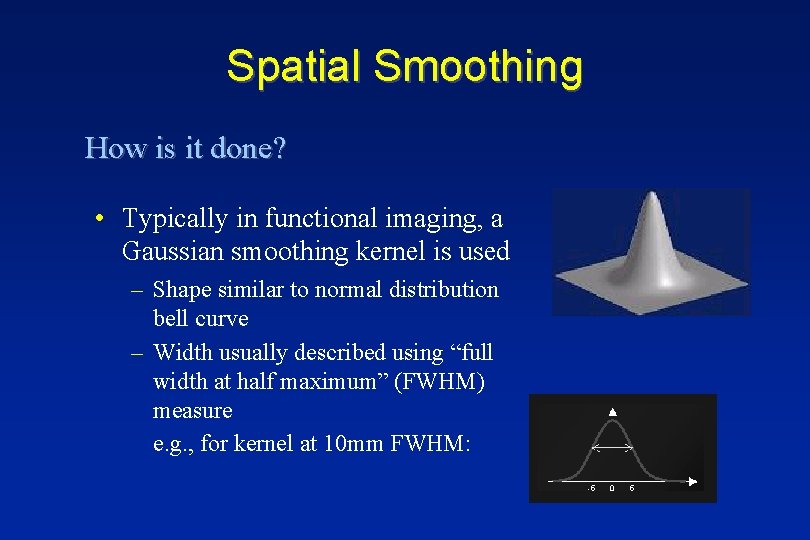 Spatial Smoothing How is it done? • Typically in functional imaging, a Gaussian smoothing