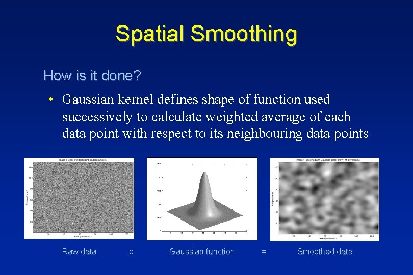 Spatial Smoothing How is it done? • Gaussian kernel defines shape of function used