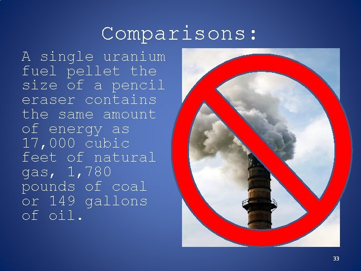 Comparisons: A single uranium fuel pellet the size of a pencil eraser contains the