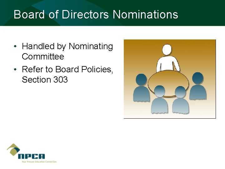 Board of Directors Nominations • Handled by Nominating Committee • Refer to Board Policies,