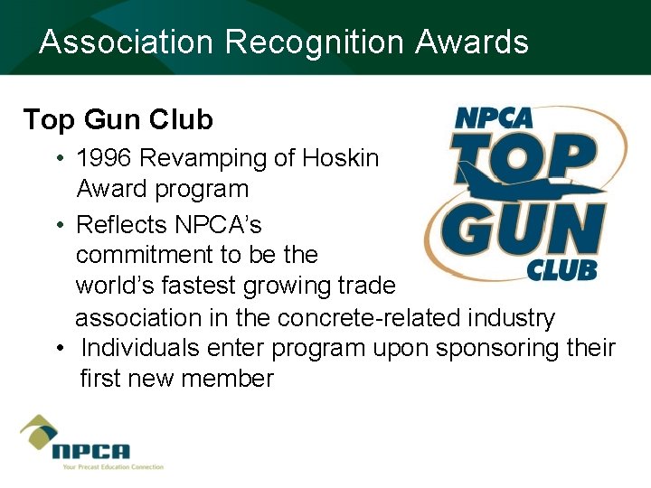 Association Recognition Awards Top Gun Club • 1996 Revamping of Hoskin Award program •