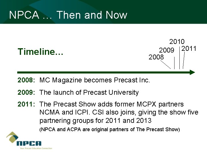 NPCA … Then and Now Timeline… 2010 2009 2011 2008: MC Magazine becomes Precast