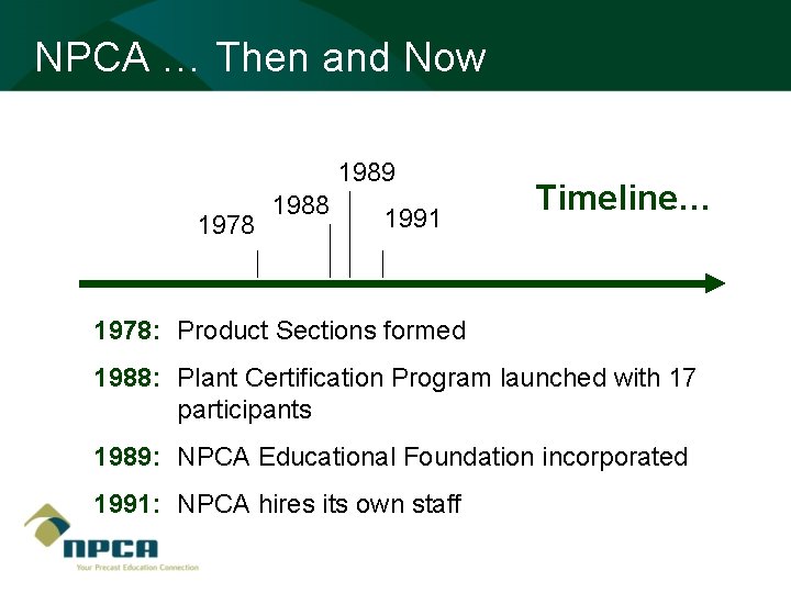NPCA … Then and Now 1989 1978 1988 1991 Timeline… 1978: Product Sections formed