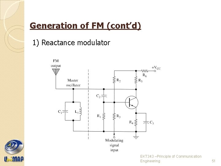 Generation of FM (cont’d) 1) Reactance modulator EKT 343 –Principle of Communication Engineering 51