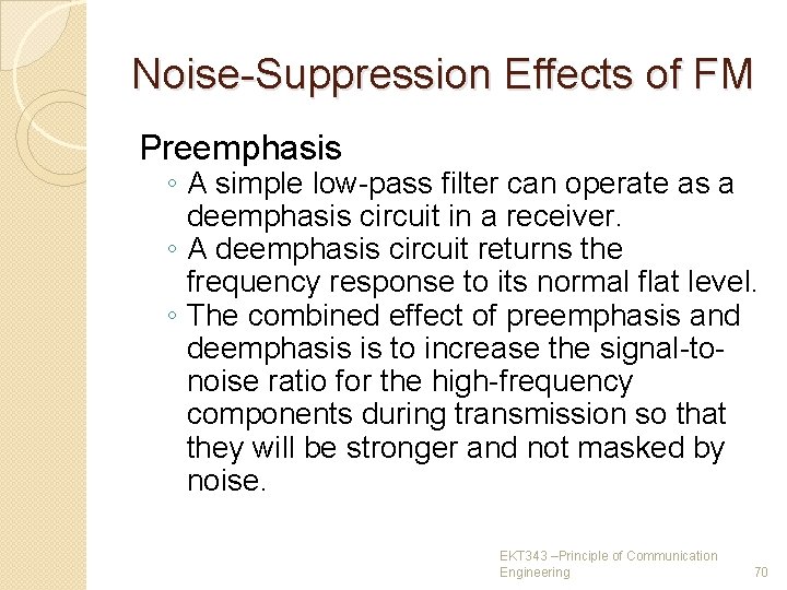 Noise-Suppression Effects of FM Preemphasis ◦ A simple low-pass filter can operate as a