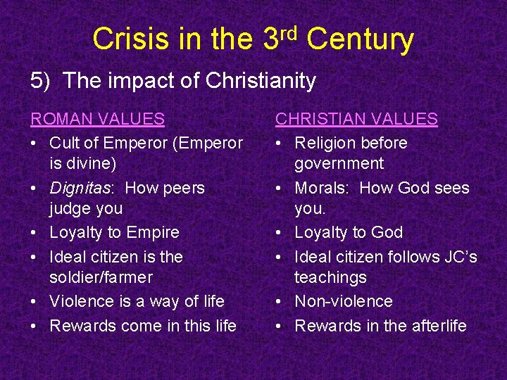 Crisis in the 3 rd Century 5) The impact of Christianity ROMAN VALUES • Crisis in the 3 rd Century 5) The impact of Christianity ROMAN VALUES •