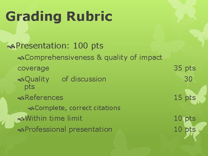 Grading Rubric Presentation: 100 pts Comprehensiveness & quality of impact coverage Quality pts 35